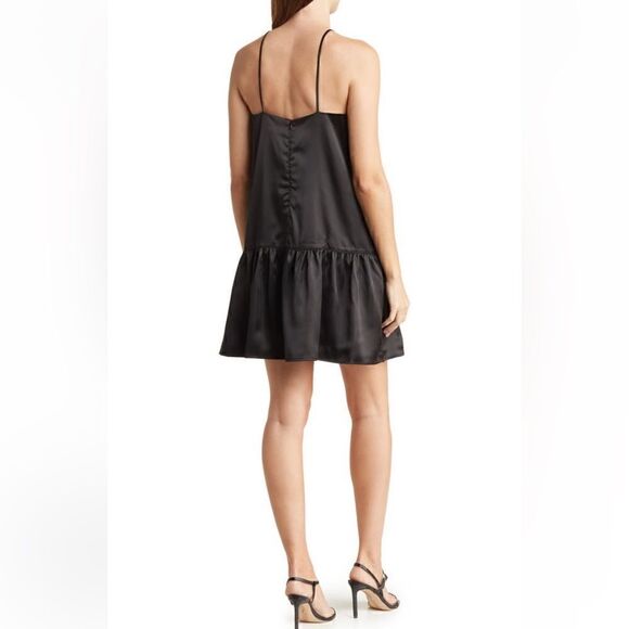 Maisie Monti Tiered Slip Dress Mini Satin Square Neck Drop Waist LBD Black M - Picture 3 of 11